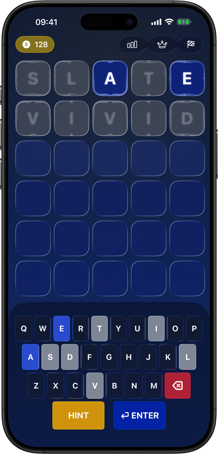 Word Challenge in-game board on an iPhone, with blue and gold tile states and a coin balance