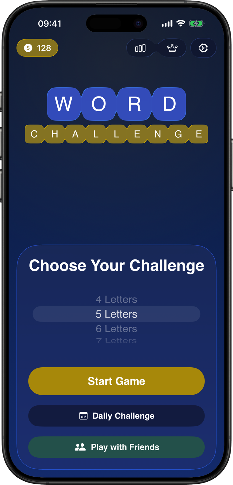 Word Challenge home screen on an iPhone, with letter-tile wordmark, word-length picker and Start Game button