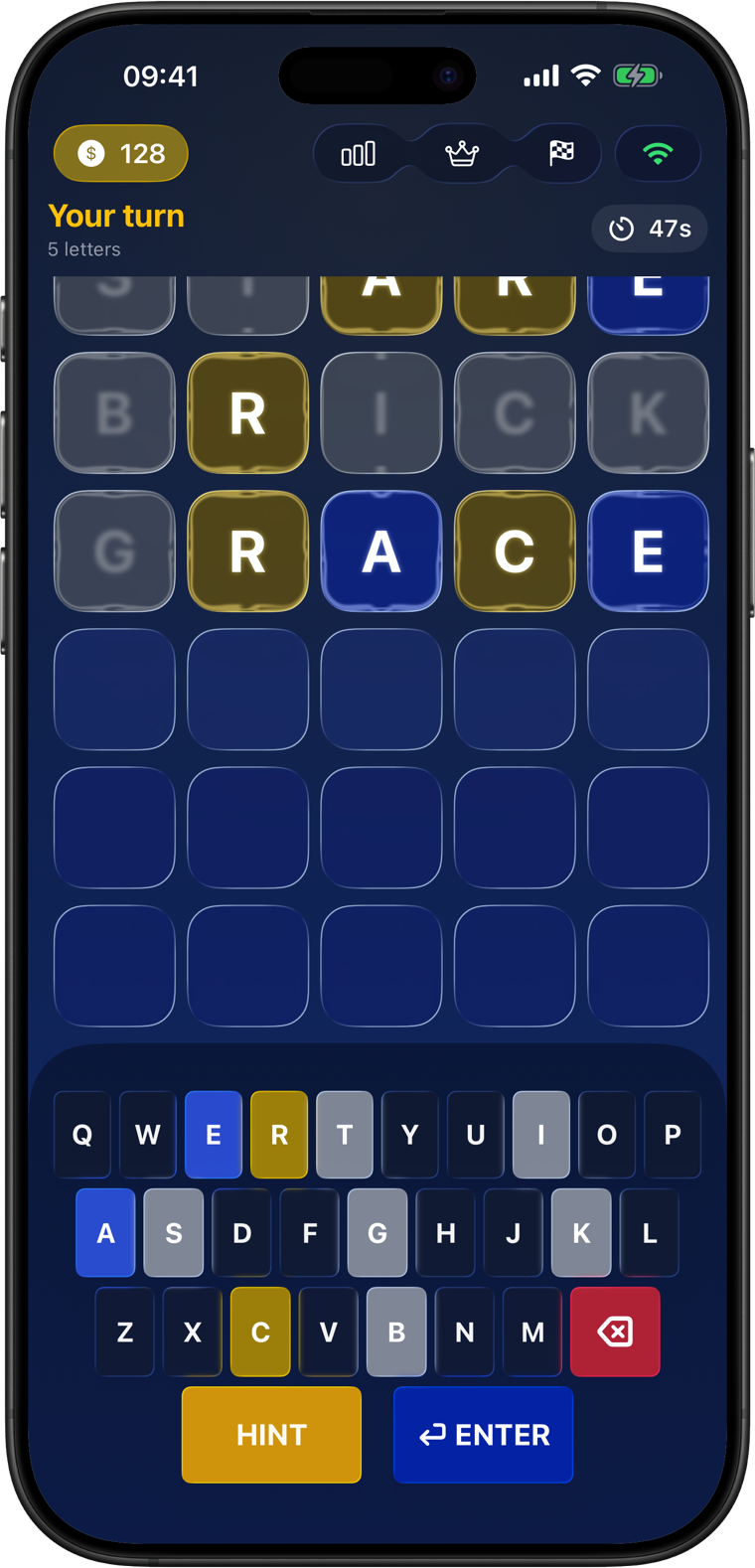 Word Challenge live multiplayer word duel on an iPhone, showing a turn timer and shared board