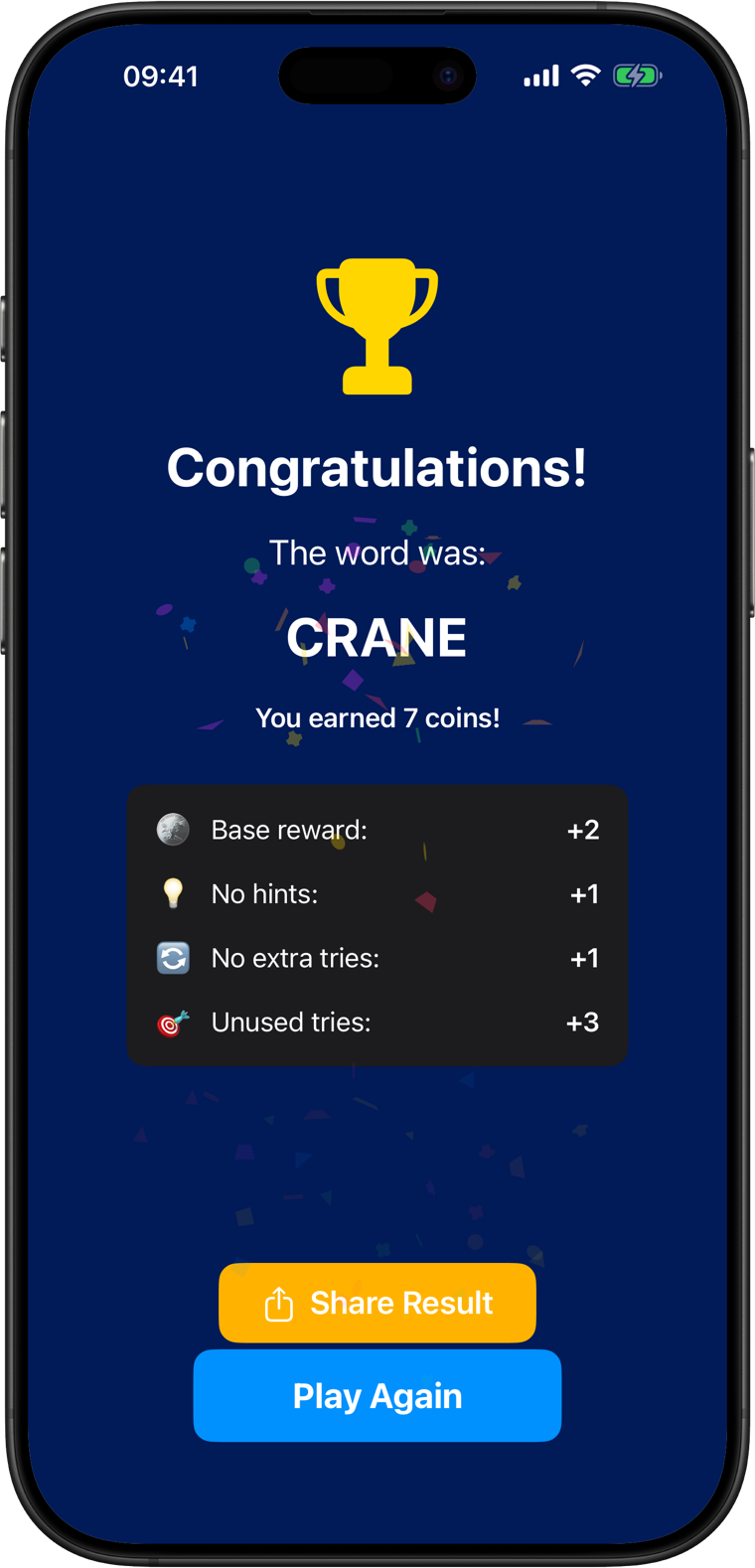 Word Challenge win screen on an iPhone, with a shareable result card